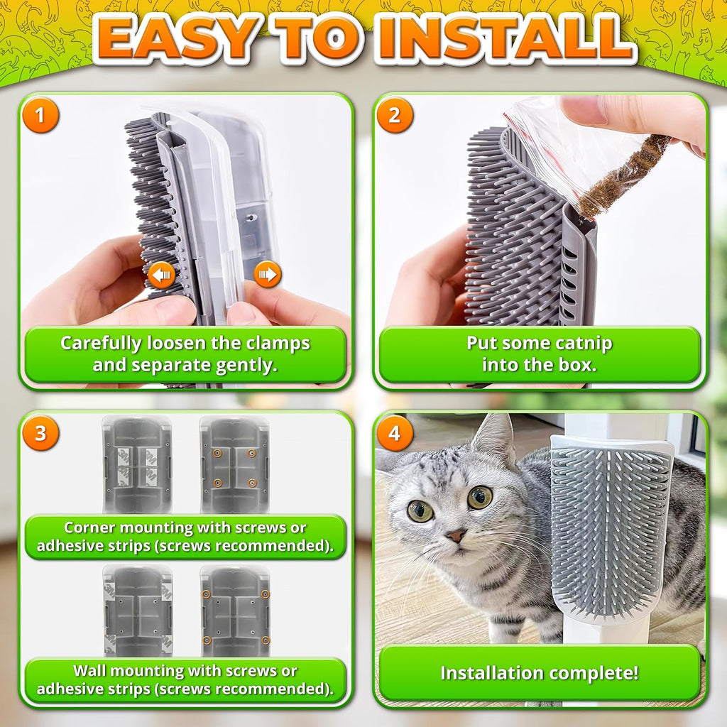 PawTovari PurrFresh™ Self-Grooming Cat Brush — Wall-Mounted Corner Scratcher