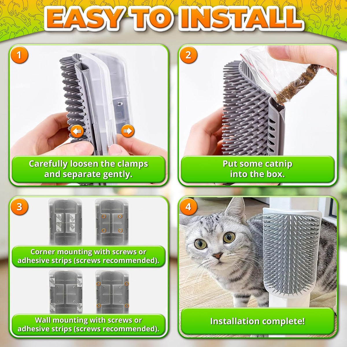 PawTovari PurrFresh™ Self-Grooming Cat Brush — Wall-Mounted Corner Scratcher